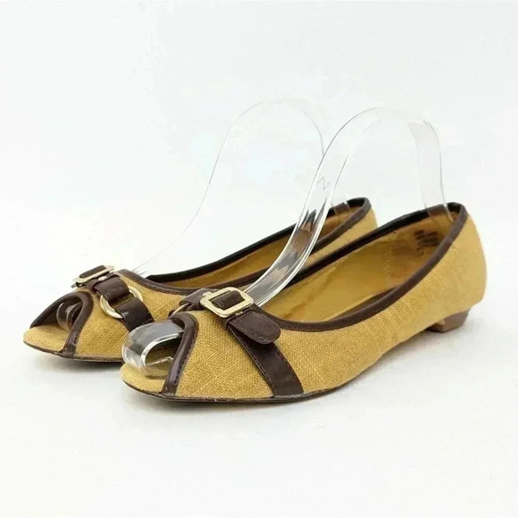 Diba Shoes - Diba Gold and Brown Peep-Toe Flats - 7.5